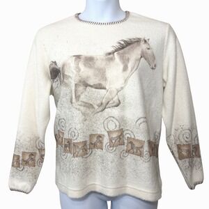 Vintage Horse Print Fleece Sweater Women XL Cream Artisans Equestrian farmcore